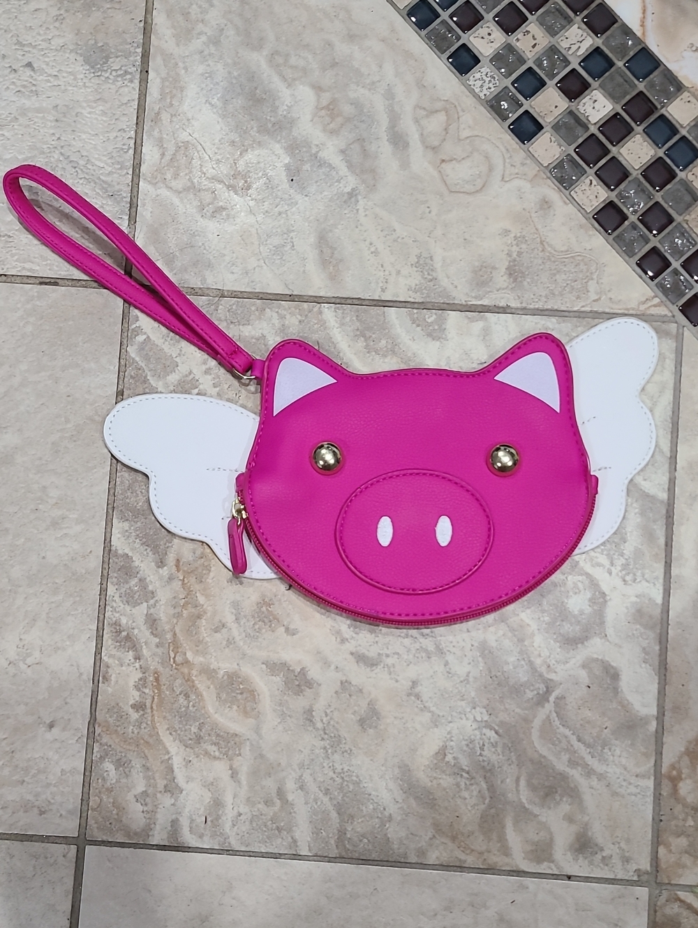 Betsey Johnson Hot Pink Pig Wristlet with White Wing Details